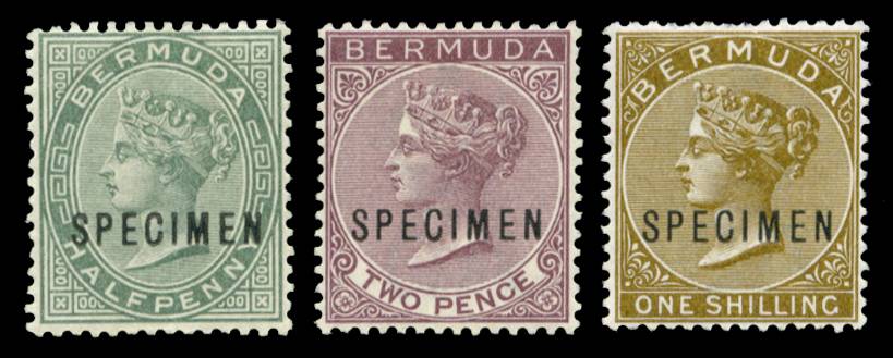 BERMUDA SG 21s, 26s, 29s 1883-1904 ½d, 2d, 1s OPT SPECIMEN