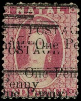 1877 1d on  6d rose, surcharged four times, fine unused without gum.  SG 93d,...