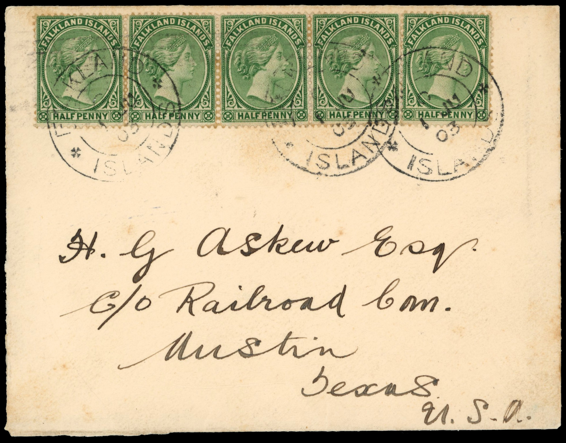 † Falkland Islands 1903 envelope to Texas