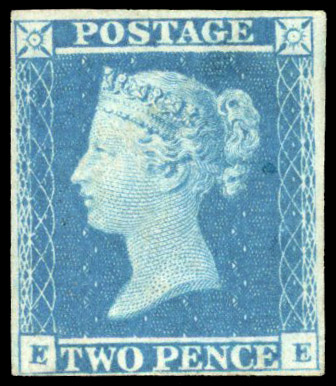 1841 2d blue Plate 4 (EE) four margins, faults, regummed, unused SG 14 £5,000