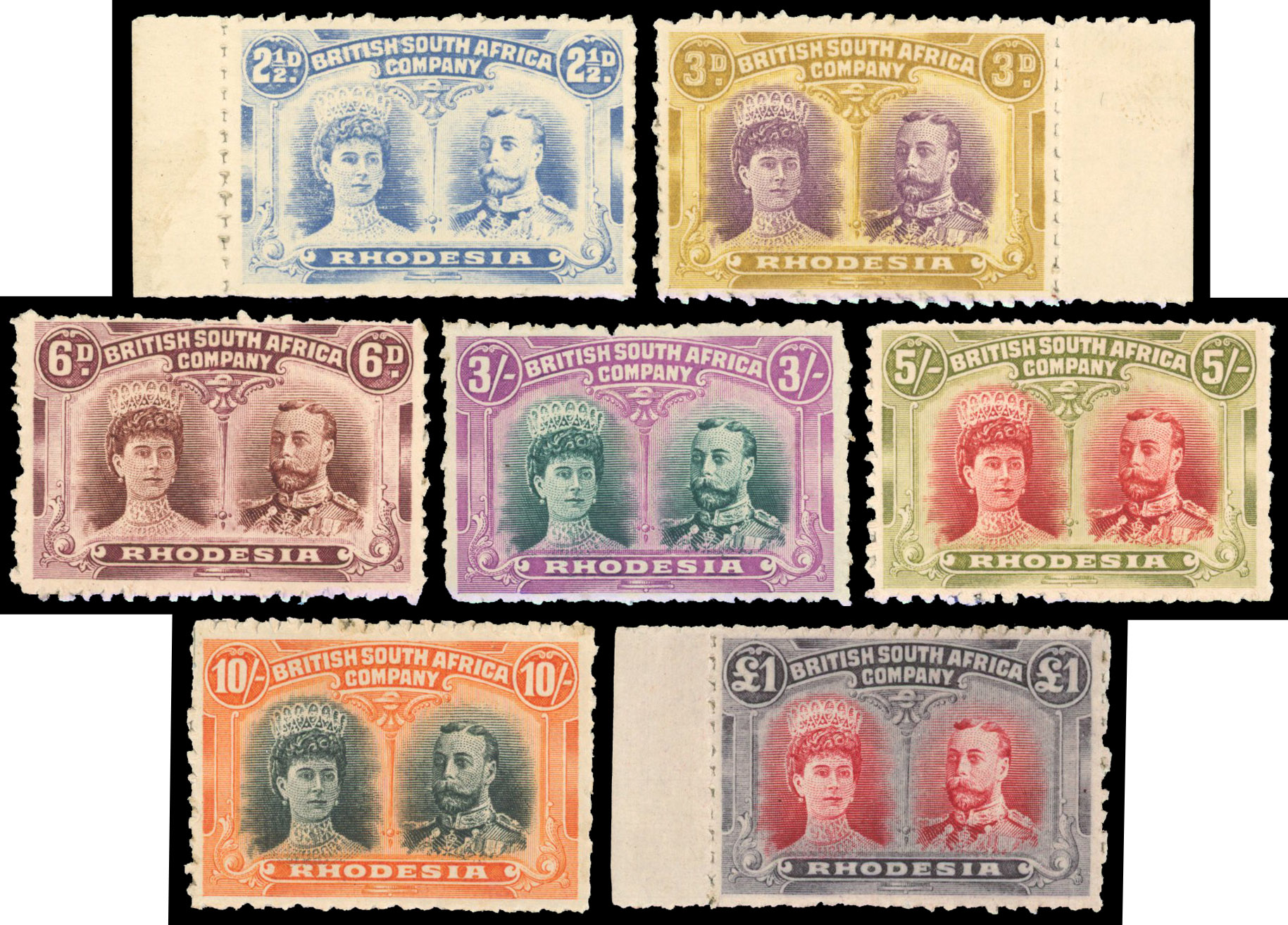 Rhodesia 1910-13 Clandestine roulettes set of 7