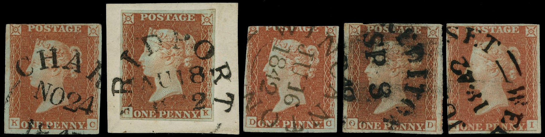 1841 1d Red-brown. Used group of five imperforate Wessex & datestamps