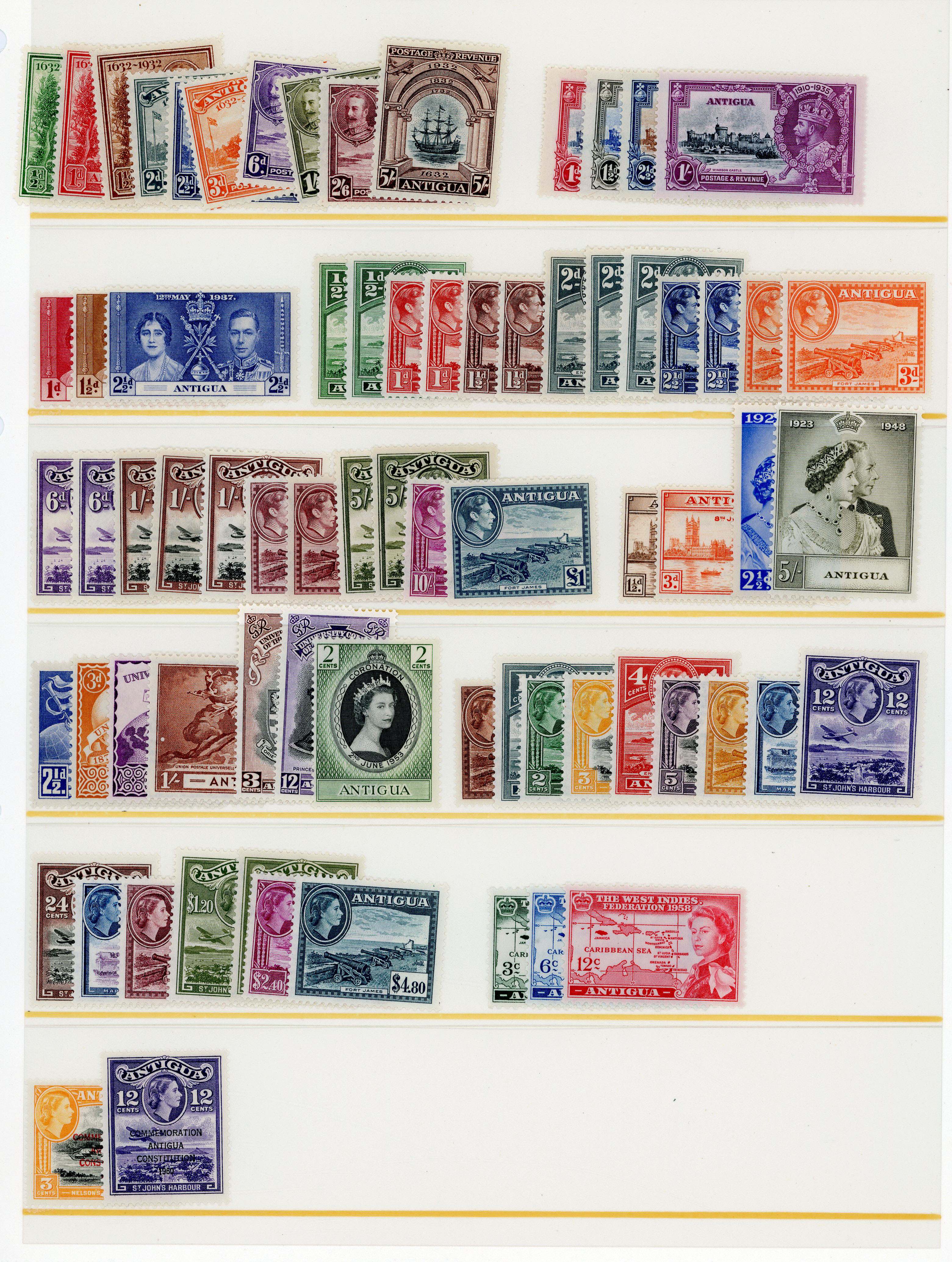 Mint collection on leaves including Antigua 1932 to 5s, 1938 to £1, 1953 to $4.80, Cayman Islands 1938 to 10s (3), 1950