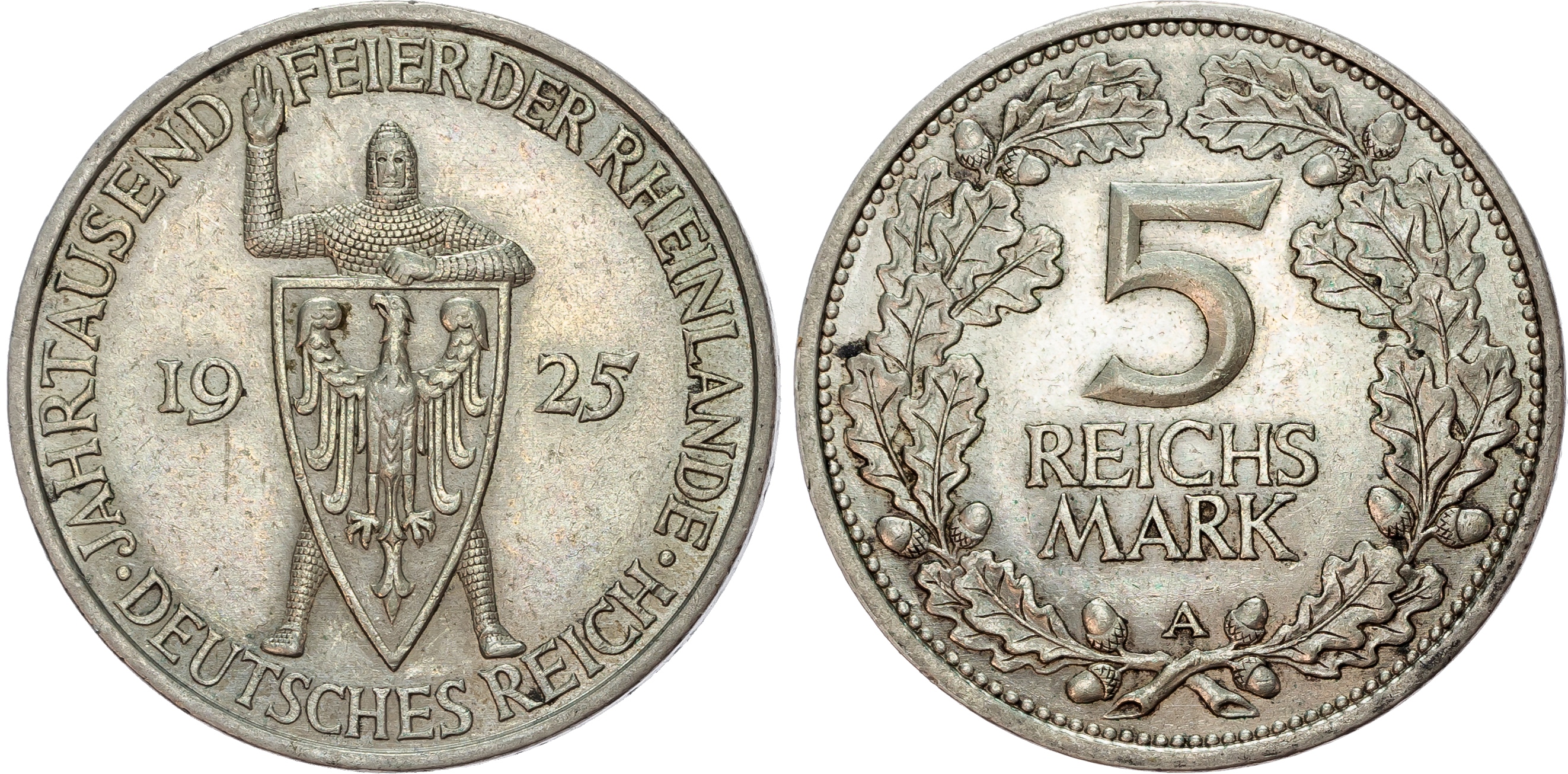 Germany, Weimar Republic (1913-1933), 1000th Year of the Rhineland, silver 5 Reichsmark.
