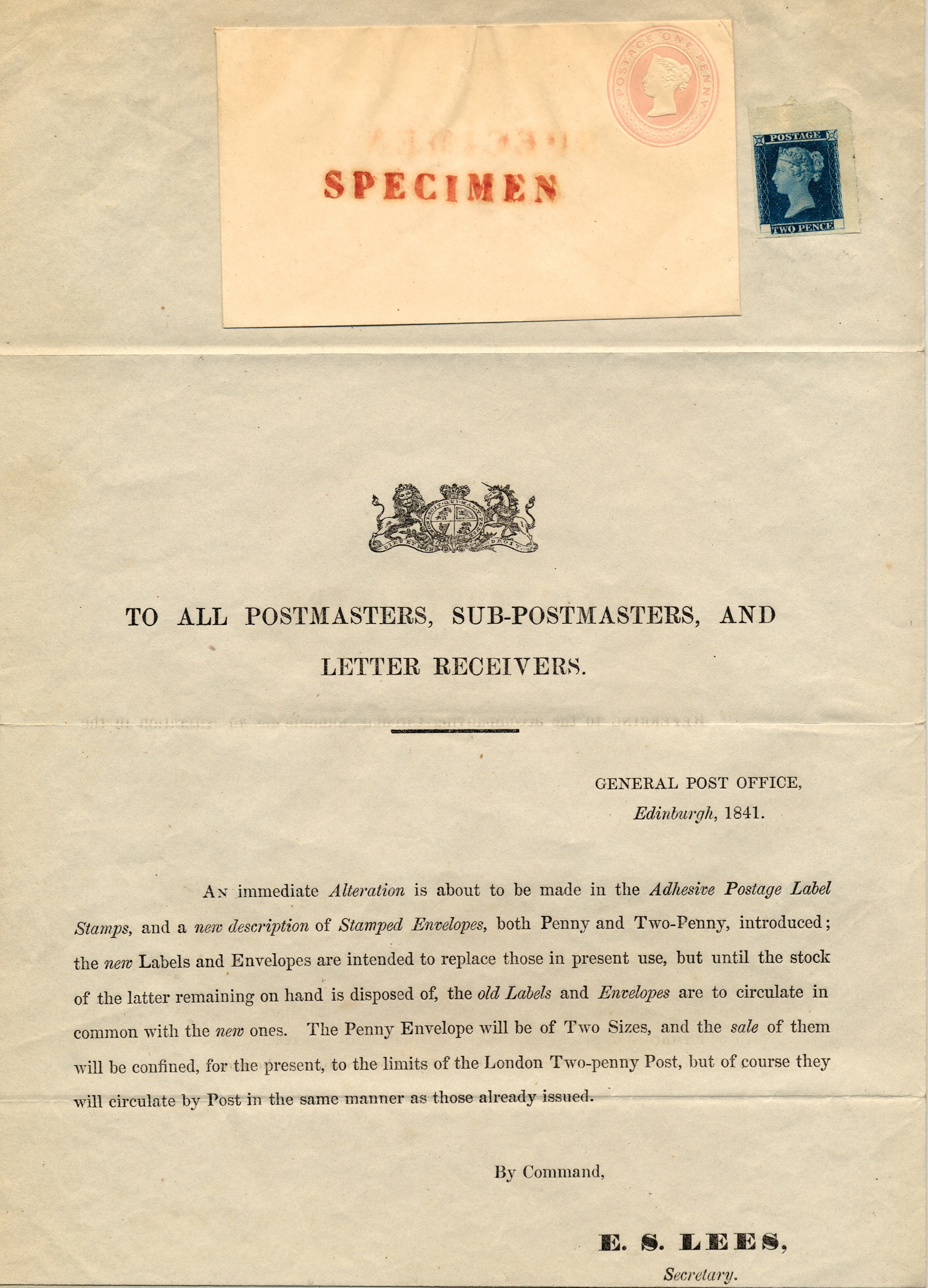 Great Britain 1841 Postal Notice. Very fine complete example bearing a 1d red brown Pl.10 lettered FE, a top corne…