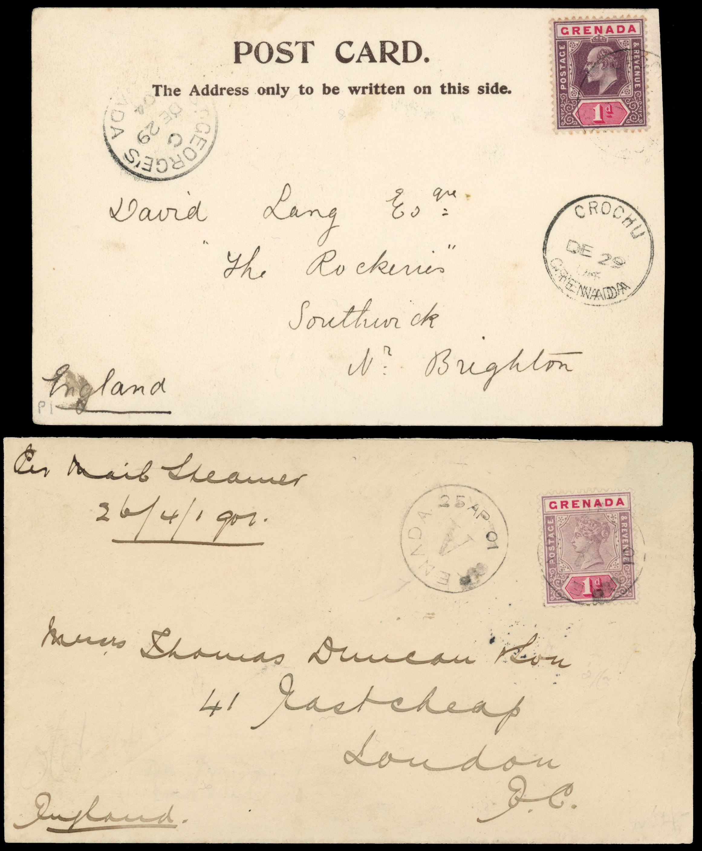 1901 cover and 1904 ppc both to London and franked with 1d