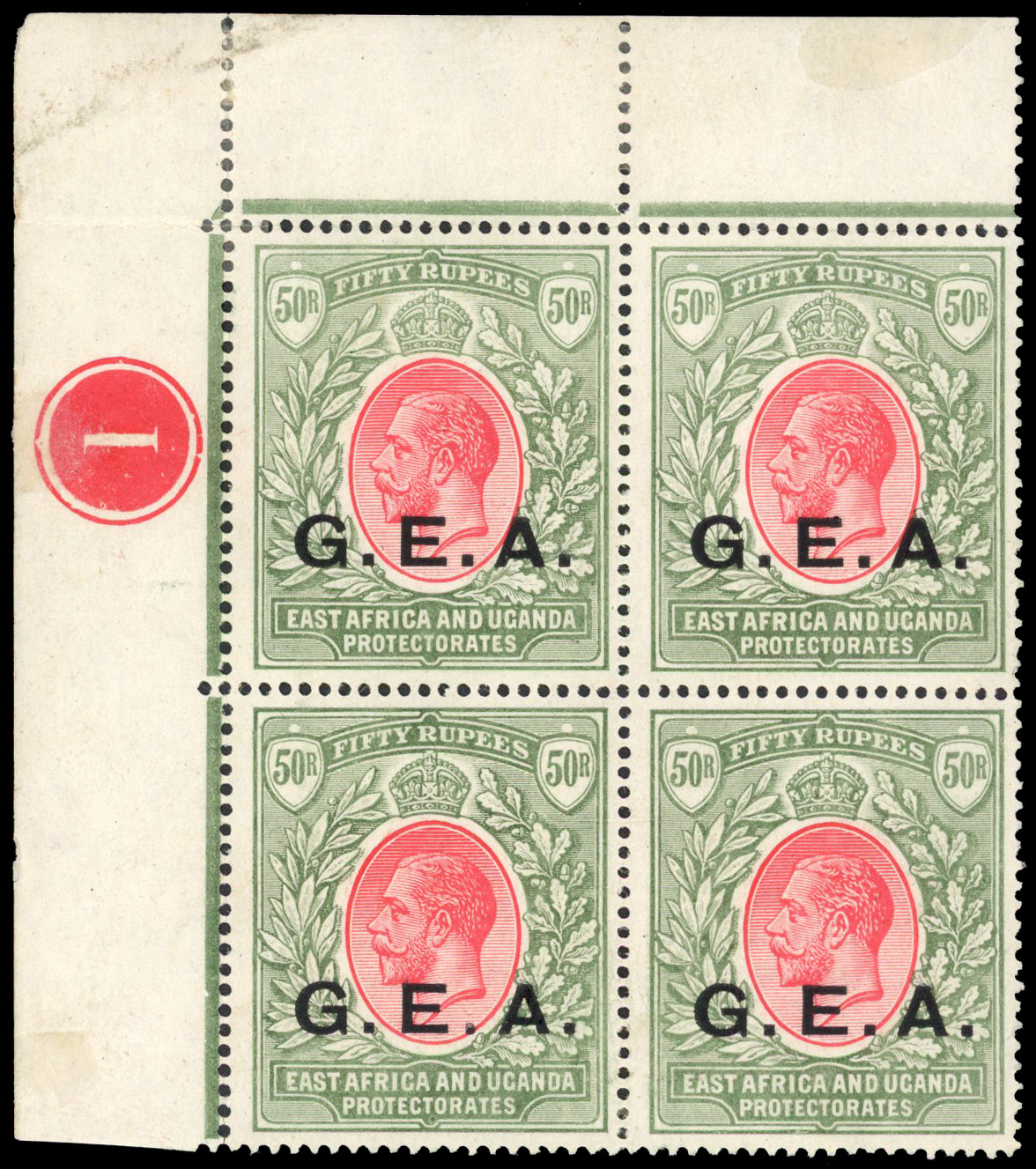 Tanganyika 1917-21 GEA 50r plate block