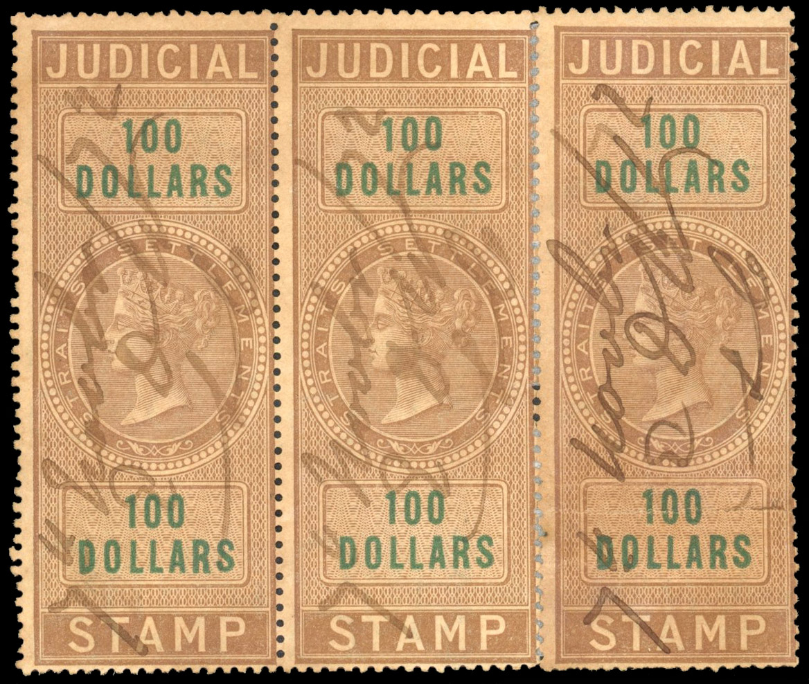 Straits Judicial 1870 $100 rejoined strip of three used
