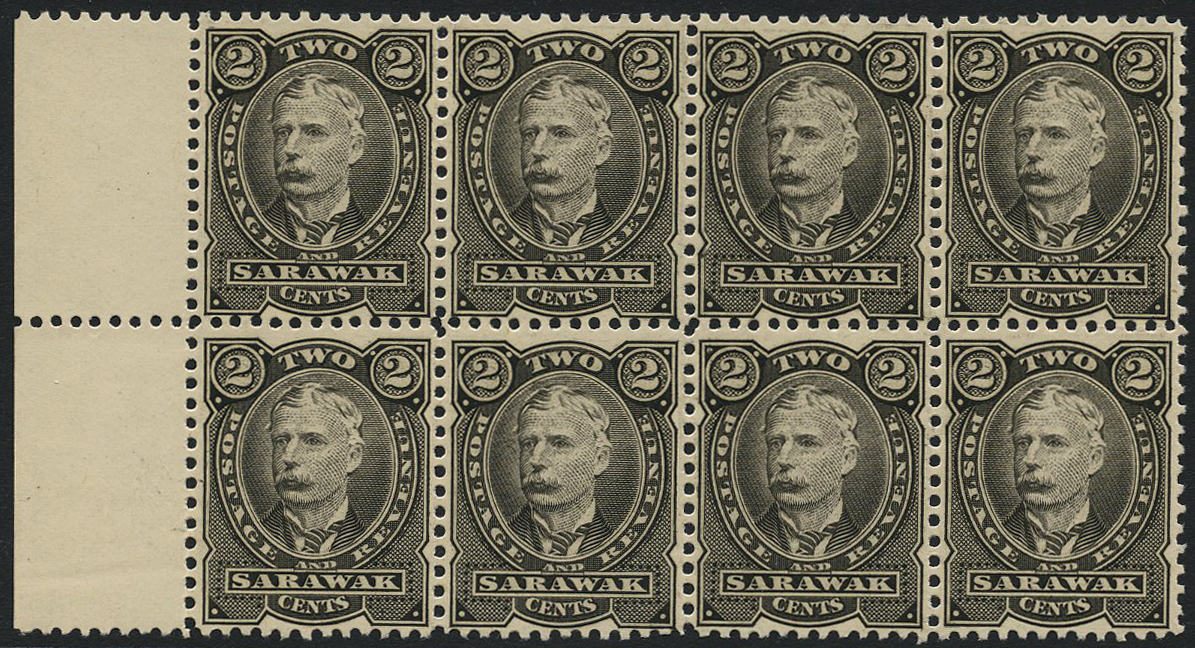 1895 Perkins Bacon printing, 2c colour trial in black on gummed paper, perf 11_-12, left marginal block of eight (4 x 2)...