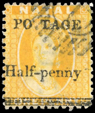 Natal SG 91e 1877-79 ½d on 1d variety S of POSTAGE omitted