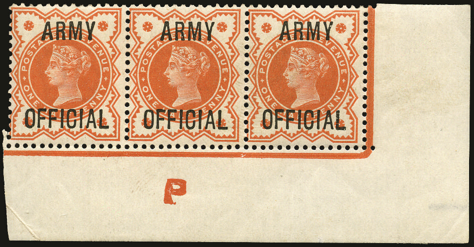 Great Britain 1896 ½d Vermilion (Army Official). Very fine unused o.g. bottom right hand corner marginal control "…