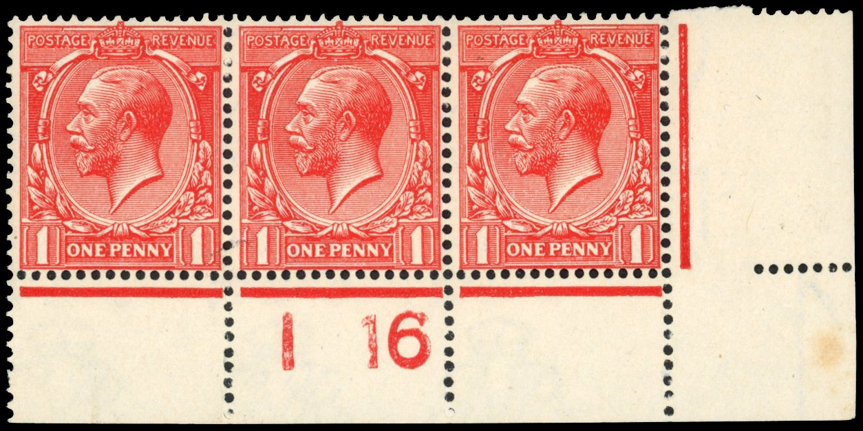 GB: 1912-24 1d deep vermilion, mint control I16 strip of three