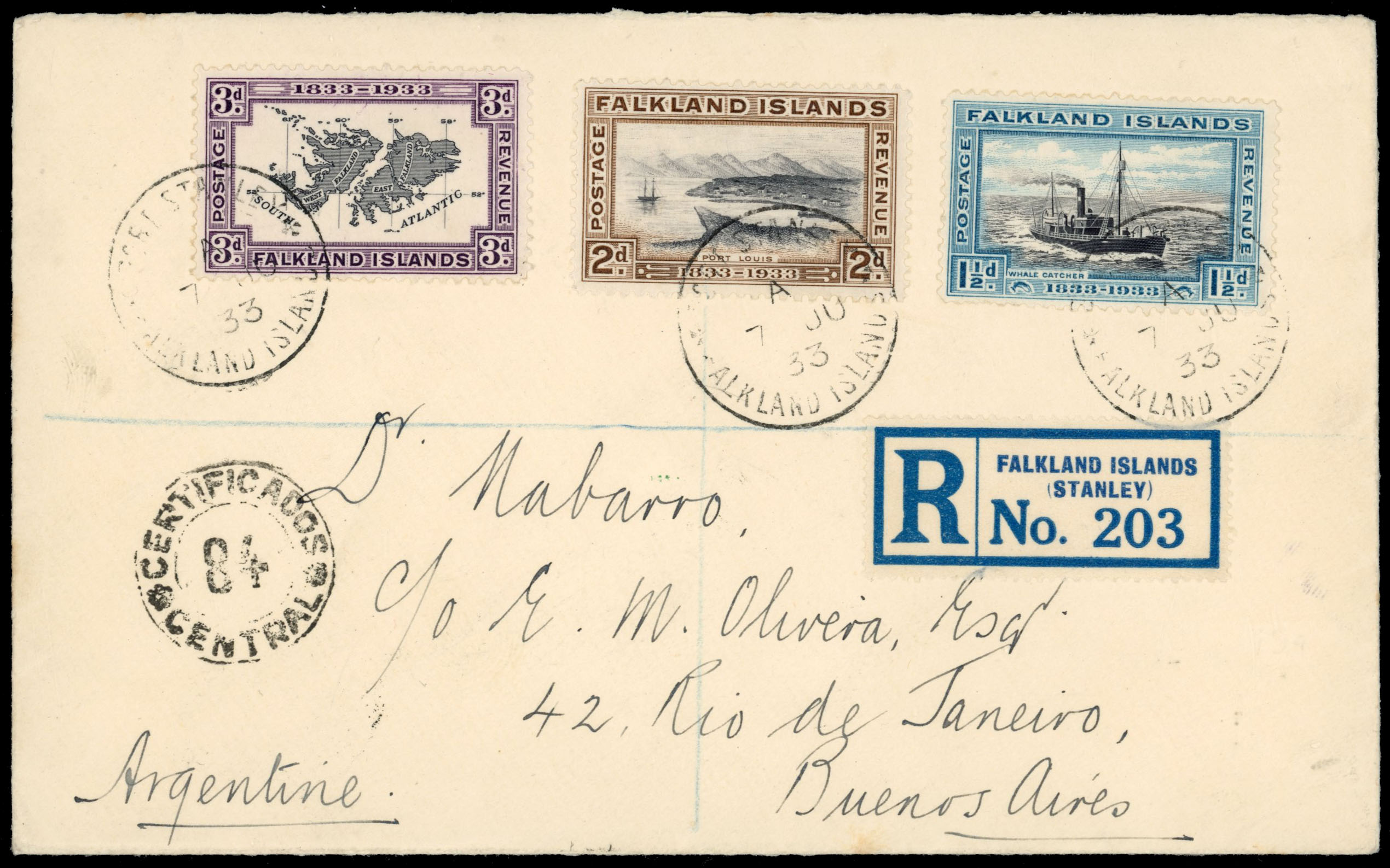 † Falkland Islands Centenary values on taxed cover to Argentina