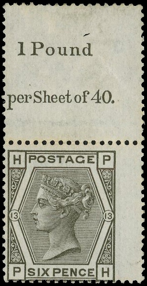 Great Britain 1874 6d Grey Pl.13. Very fine unmounted o.g. top marginal...