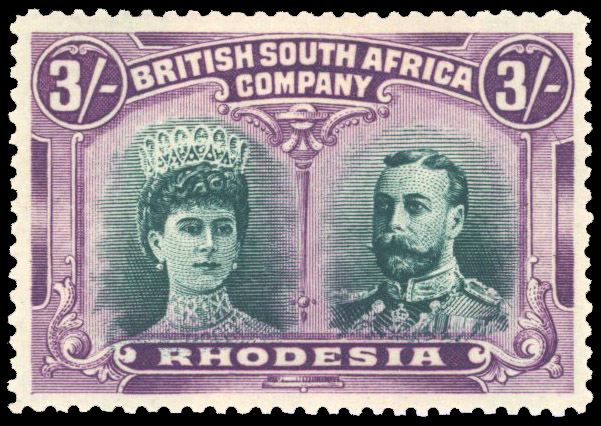 Rhodesia 1910-13 3s deep bluish green and deep reddish violet perf 14