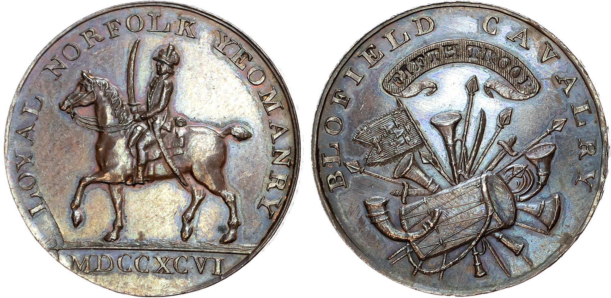 Norf. Blofield, Kempson’s mule Halfpenny, Weapons and musical instruments, rev . Mounted dragoon, edge FEAR GOD AND HONO …