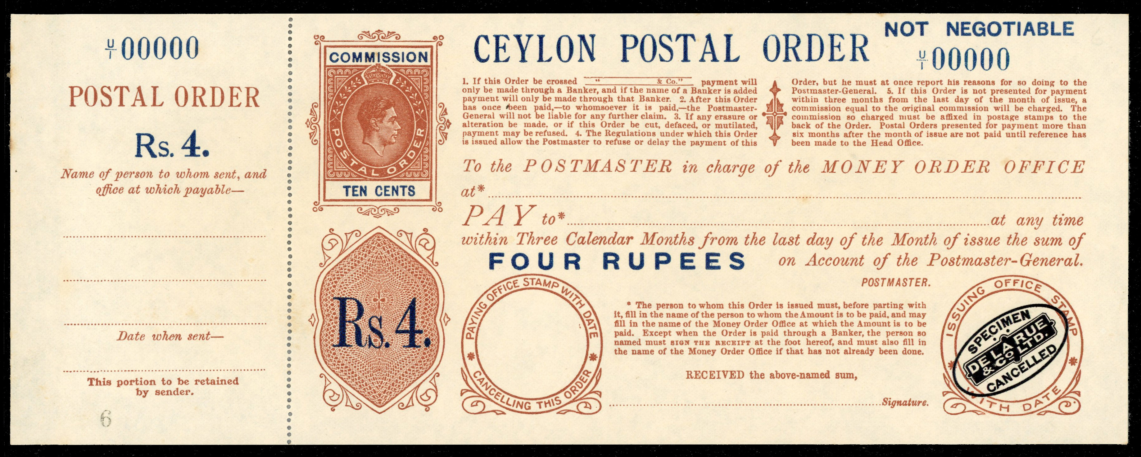 Ceylon 4r Postal Order De La Rue Proof
