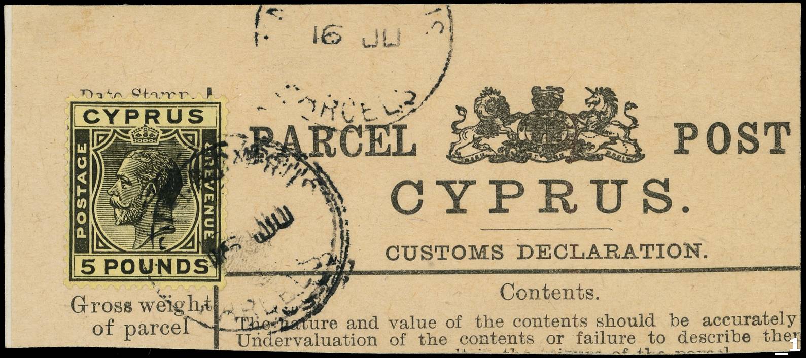Cyprus 1927-28 Script CA £5 black on yellow affixed to large part “PARCEL POST” label (98x44mm)