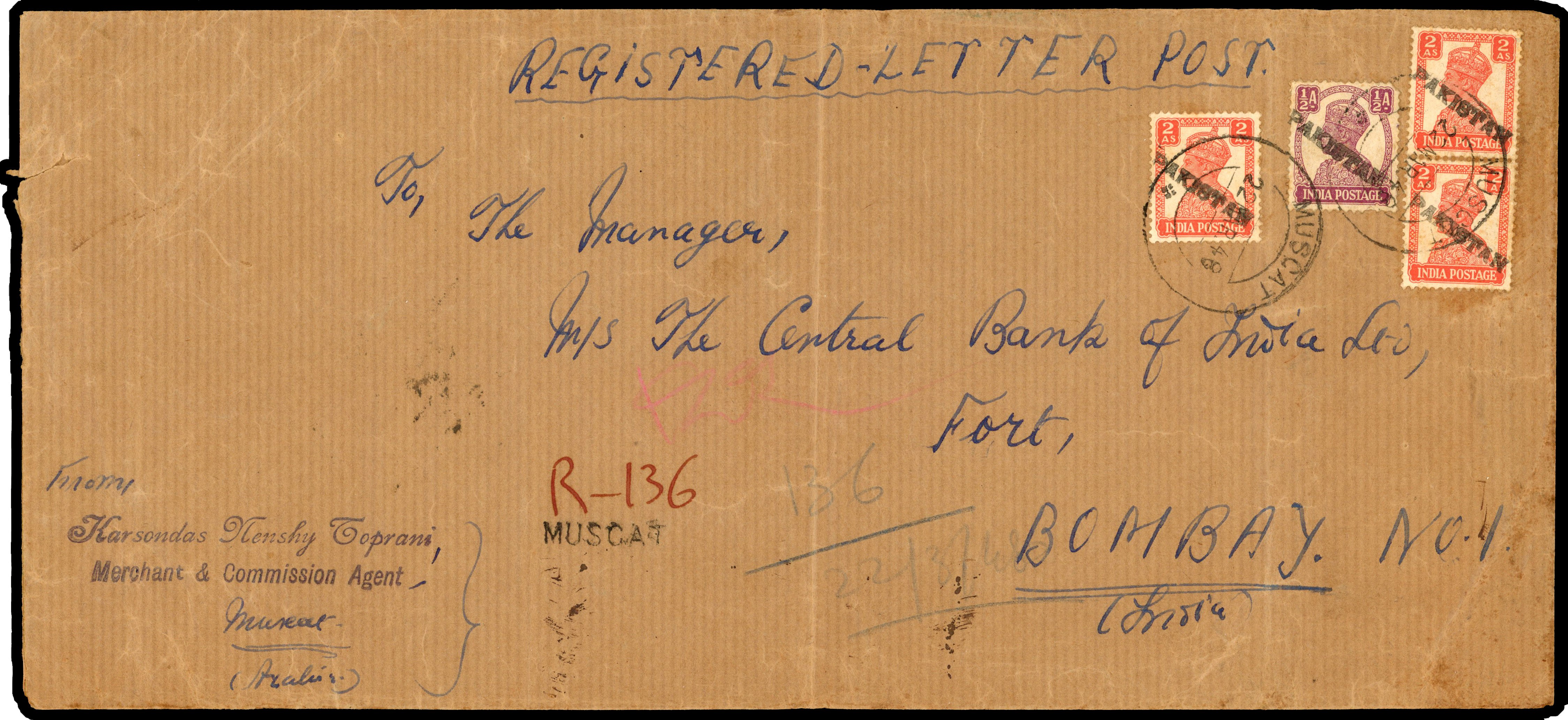 Muscat 1948 envelope bearing local Pakistan handstamps