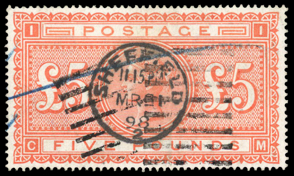 1882 £5 Orange Pl.1 (CM). Used well centred example