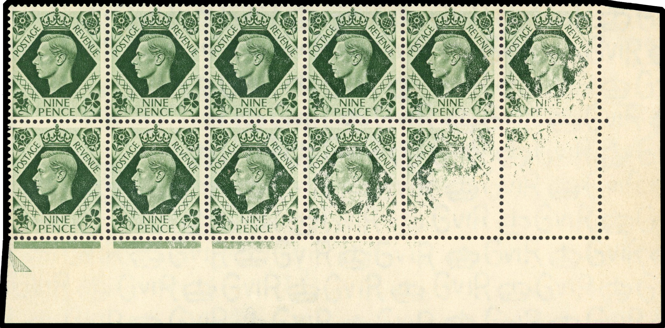 1939 9d Deep olive-green dry print block mint (SG473var)