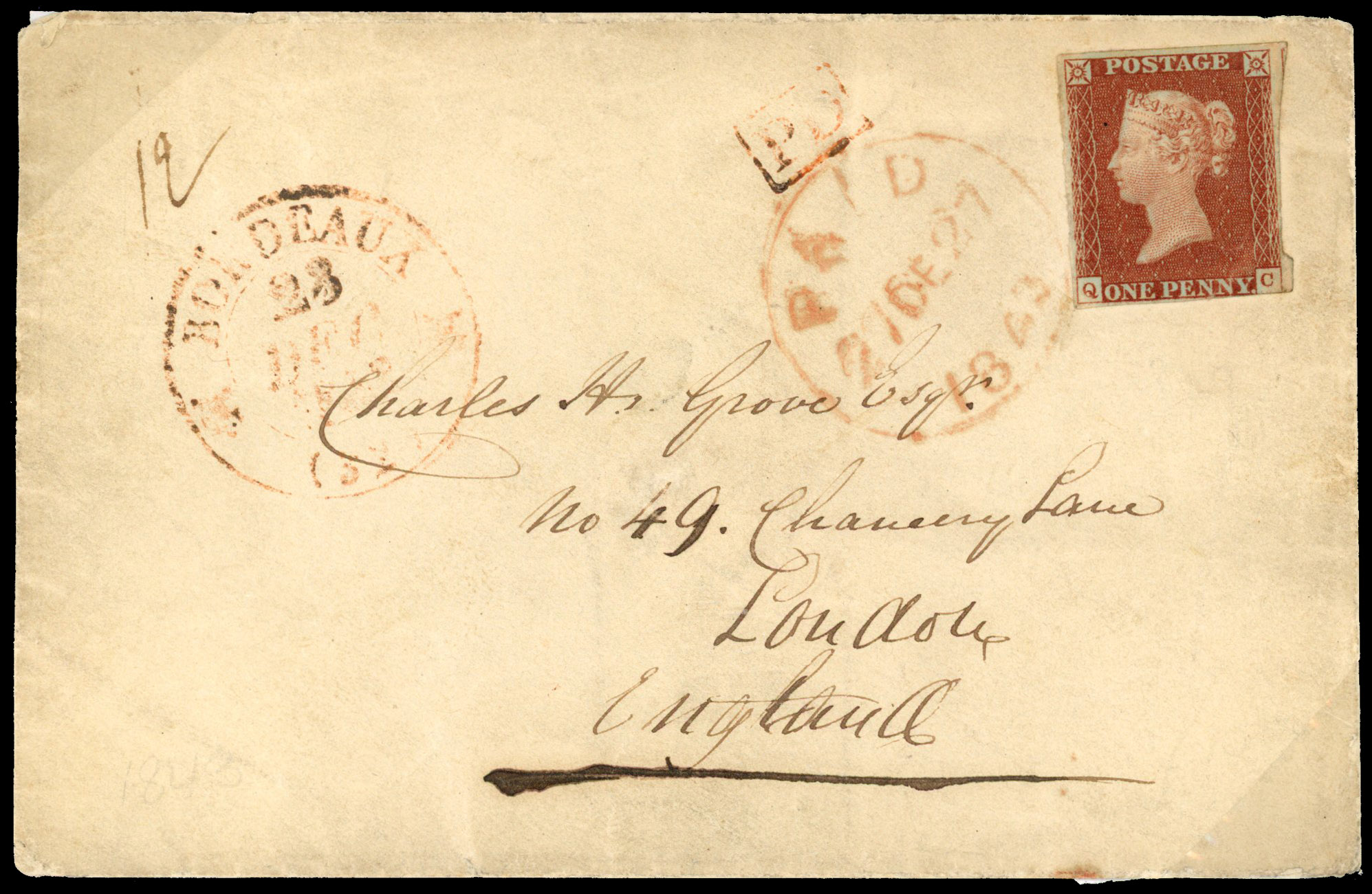 1841 1d Red-brown Pl.36. Envelope sent from France to London franked with 1841 1d red-brown Pl.36