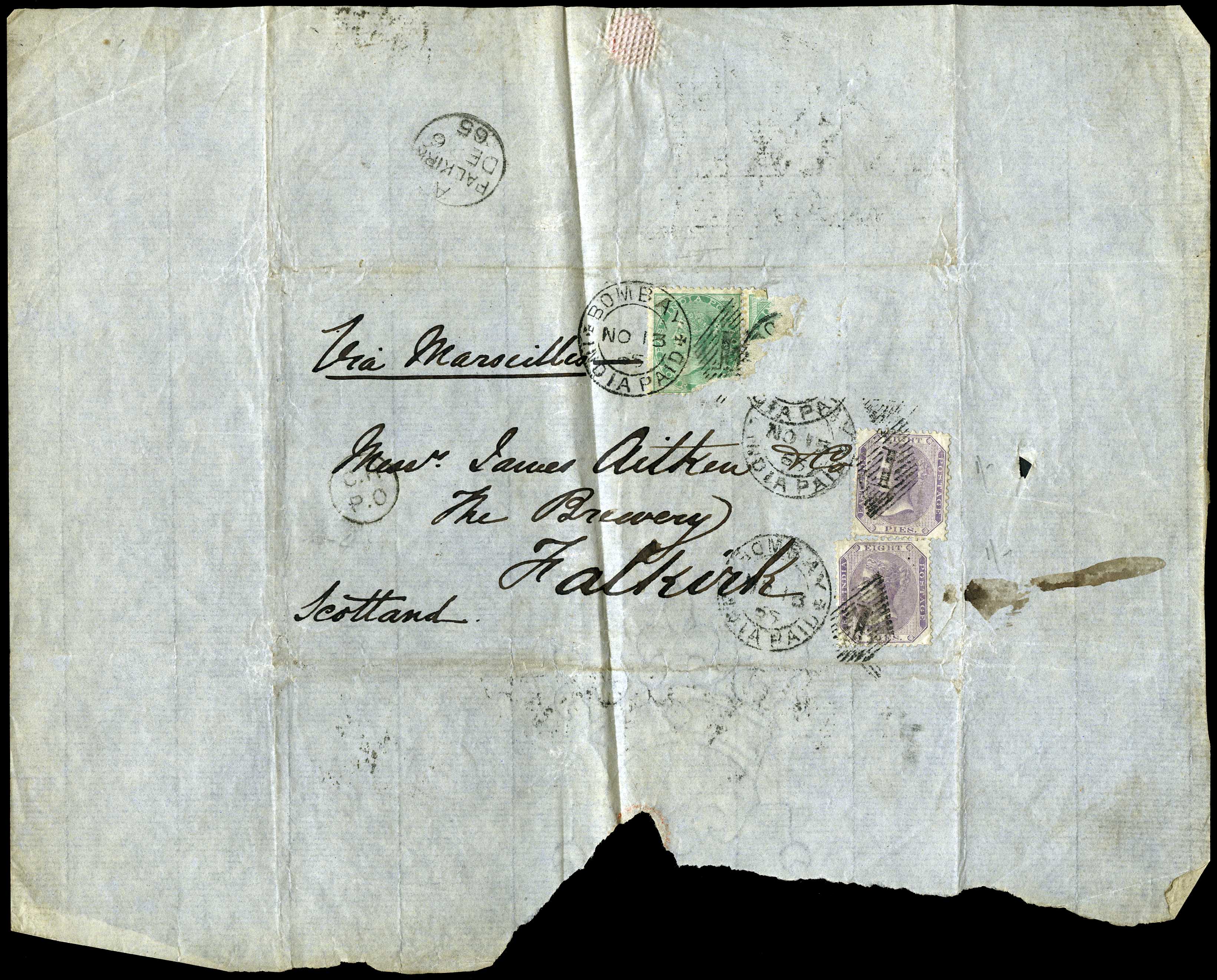1865 entire to Scotland bearing 2 x 8p, 2 x...
