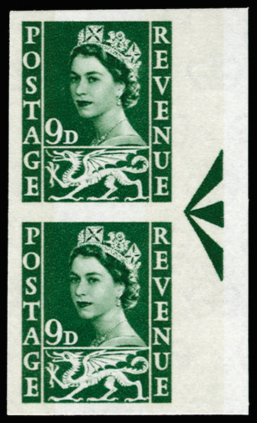GB 1958 9d Bronze-green (Wales, Two bands). Superb unmounted o.g right hand marginal vertical pairi… SGW4var