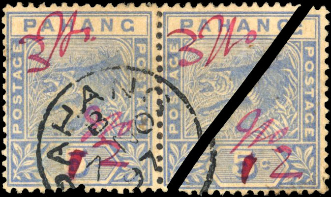 Malaya - Pahang 1897 3c on half of 5c blue, Kuala Lipis provisional, SG 18a + 18, 18d