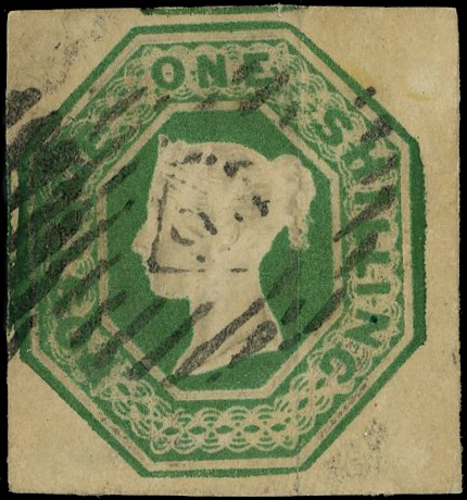 1854 1s Deep green (Die W.W.2). one Silk thread variety