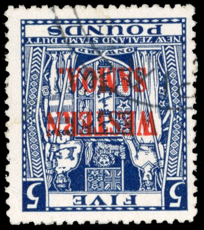 Samoa SG 214w 1945-53 £5 indigo-blue watermark inverted used
