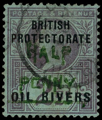 1893 ½d on 2½d handstamped Type 10 in green, used with Old Calabar CDS OC 2 94.  SG 35,...