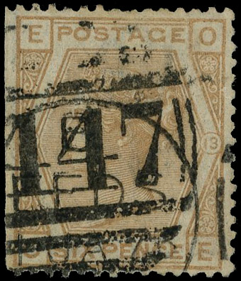 1873 6d Pale buff Pl.13. Fine used example of this rare abnormal issue lettered OE, trimmed wing margin at left as norma…