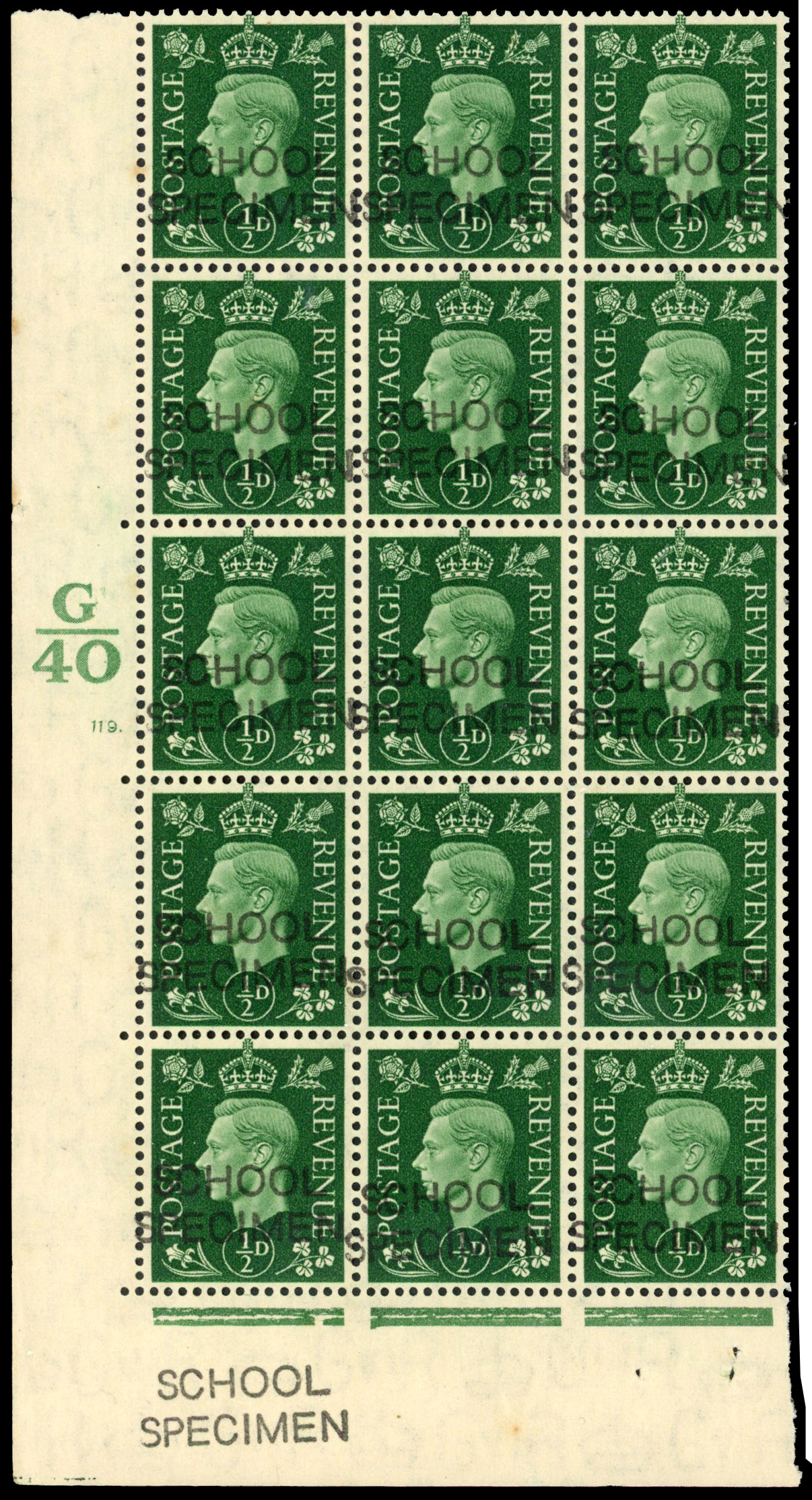 1940 ½d Green SCHOOL SPECIMEN cylinder block mint (SG462var)