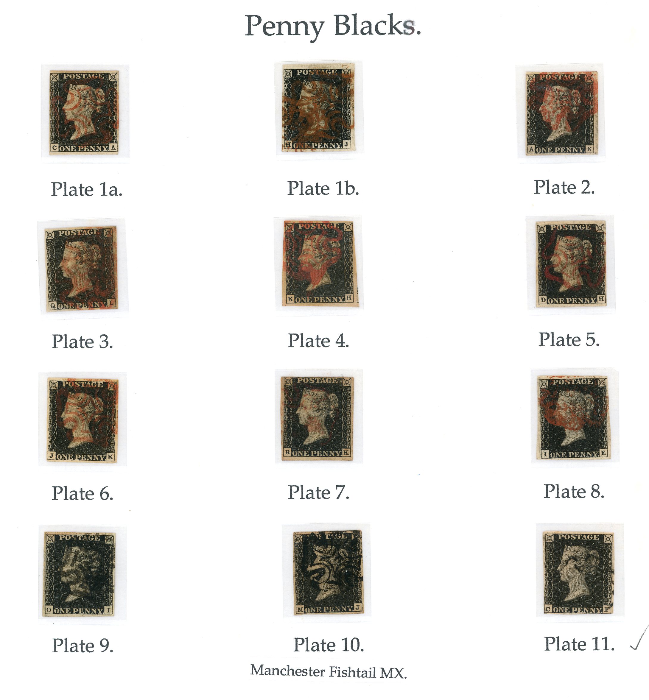 1840 plated range, one example of each plate, 1d black...