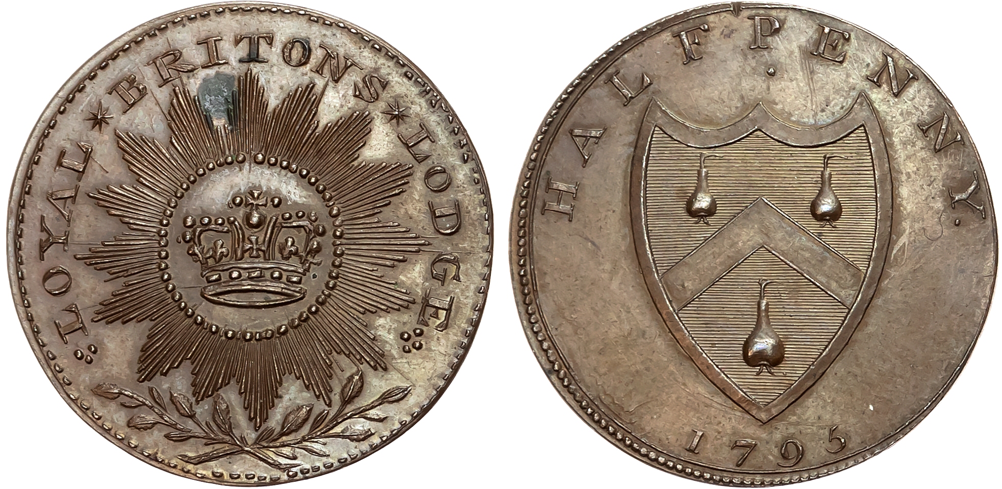 London , Political Series , Prattent’s Loyal Britons Lodge mule Halfpenny 1795, Crown within thickly radiating star, rev …
