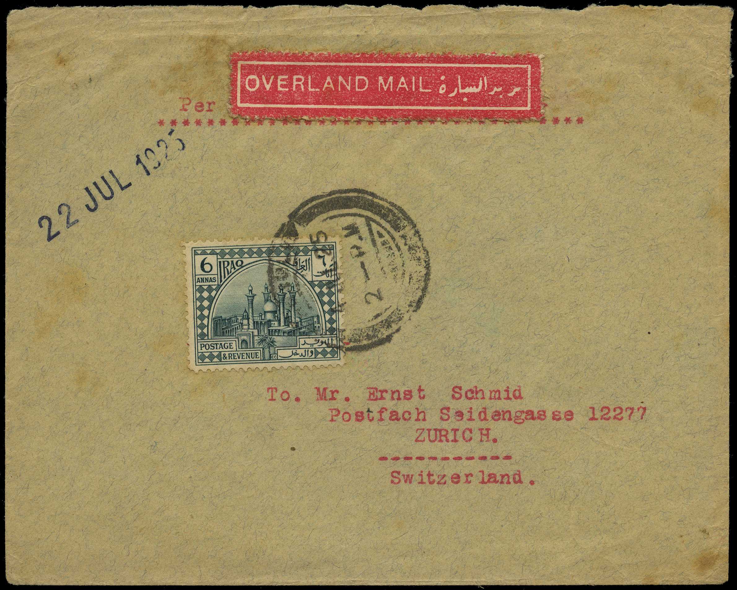 1925 cover sent by overland mail to...