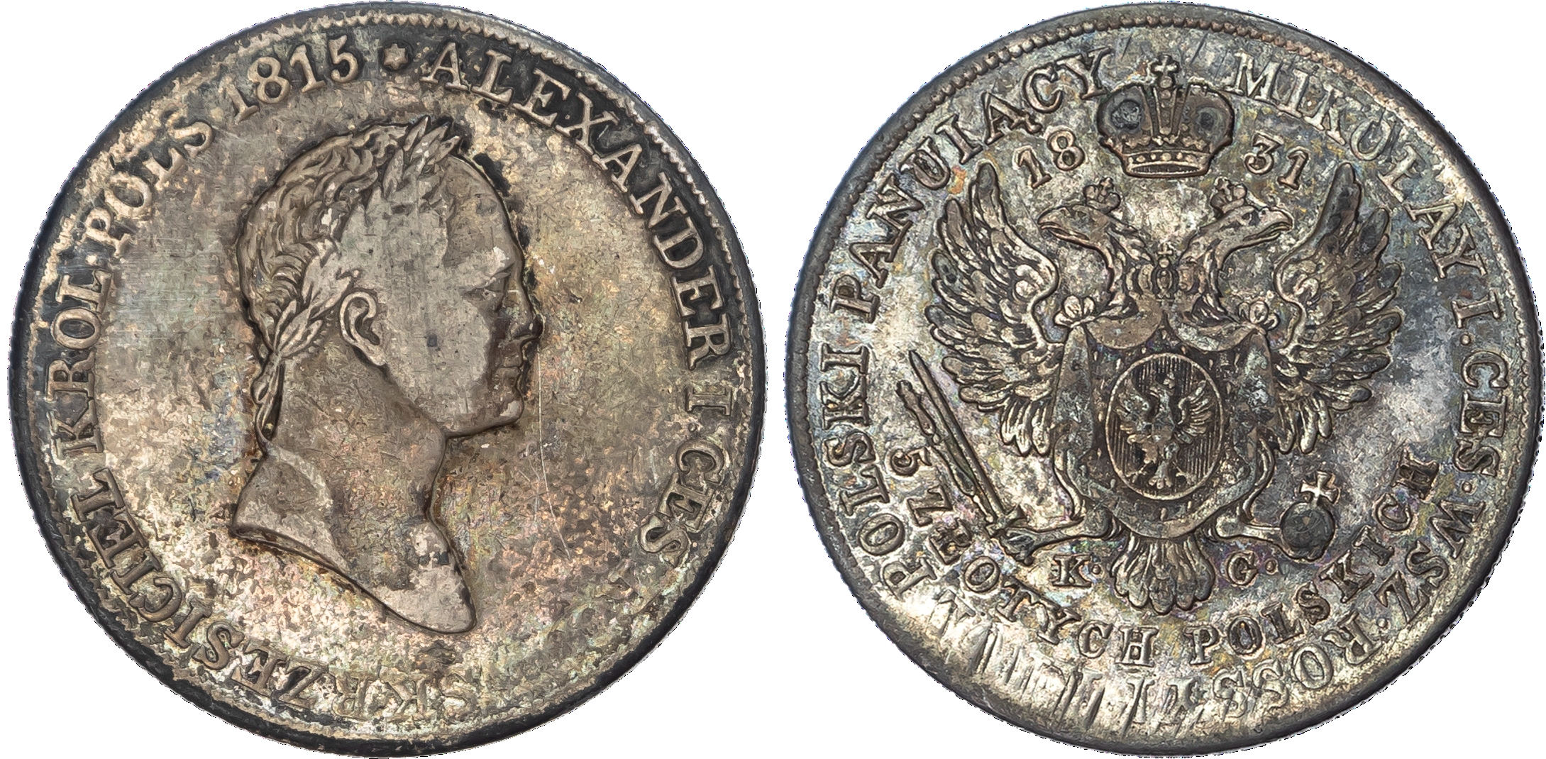 Poland, Russian Partition of Poland, Nicholas I (1825‑1855), silver 5 Złotych Polskich, 1831 KG, 15.37g.