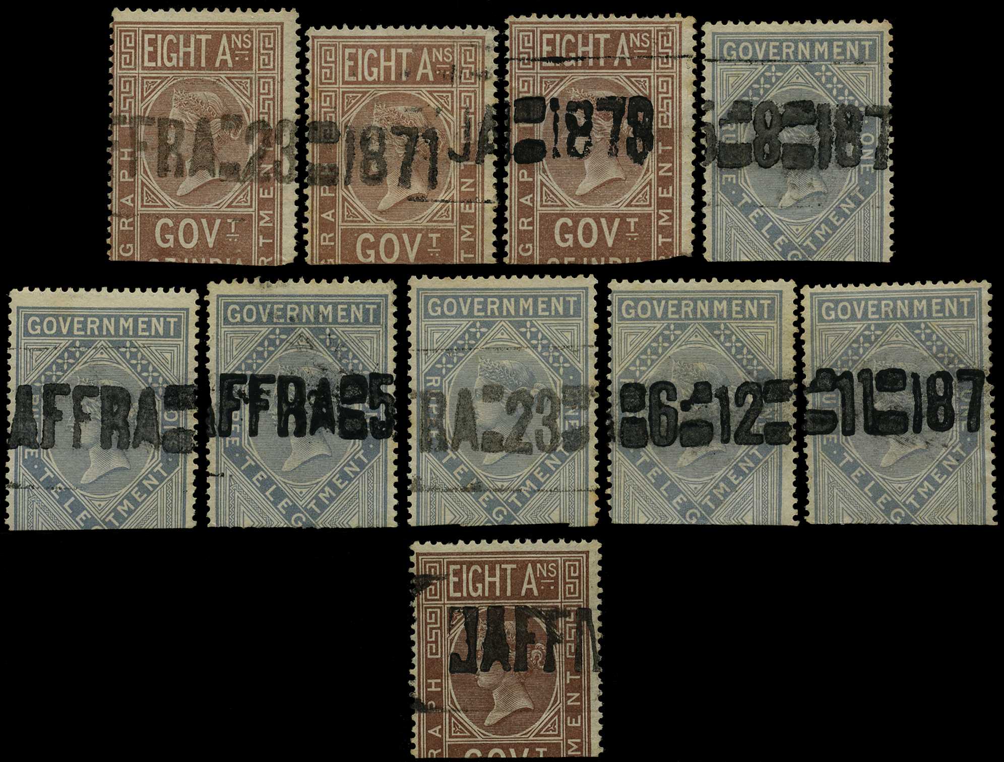 1869-78 India 8a (3) and 1r Die II (6) used...