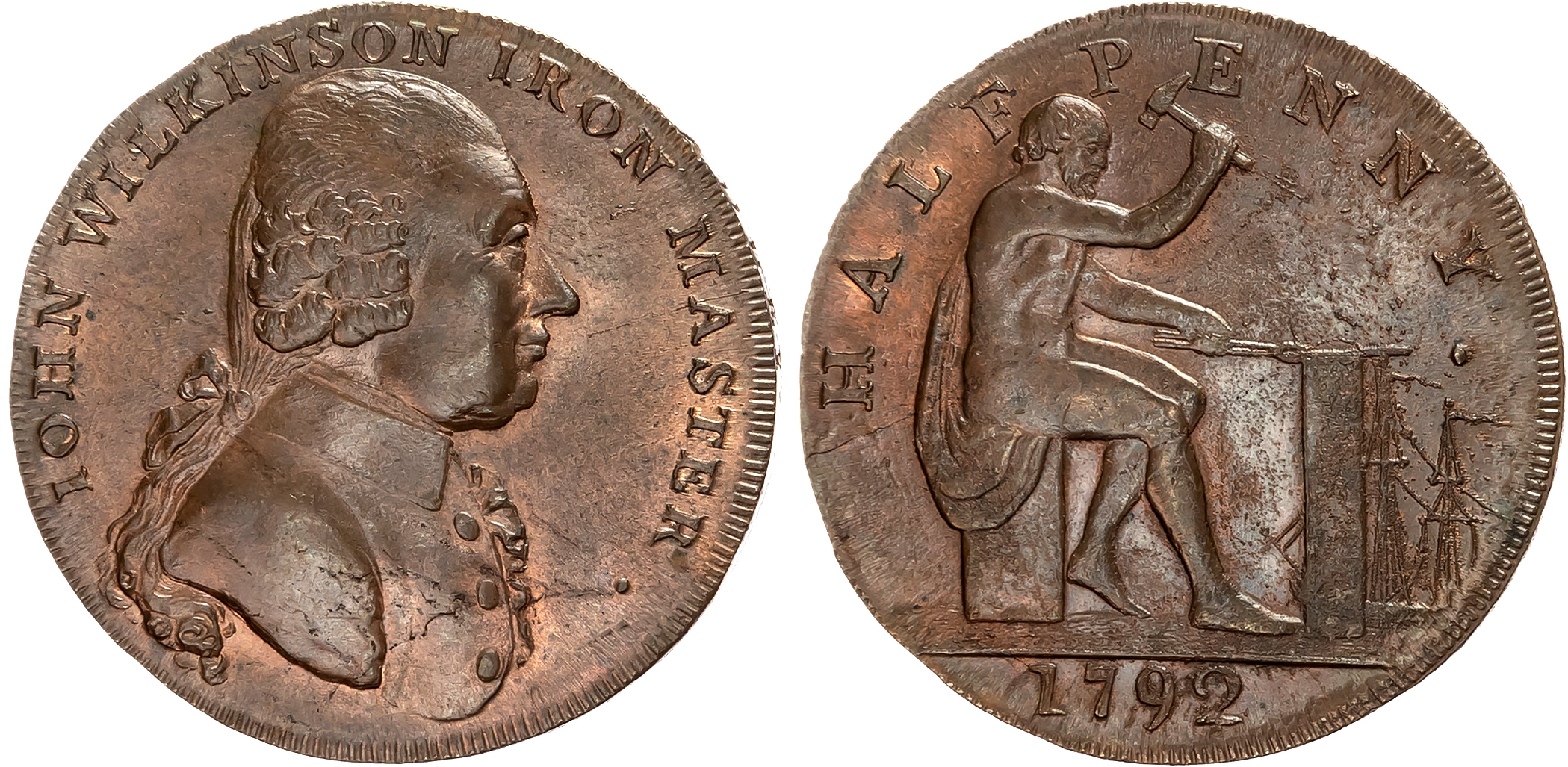 Warks . West Midlands , John Wilkinson Halfpenny 1791, different style bust of Wilkinson right, rev. Vulcan seated right …