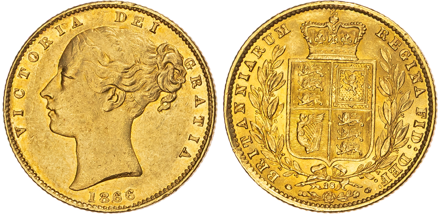 Victoria (1837-1901), Shield-Sovereign, 1866.