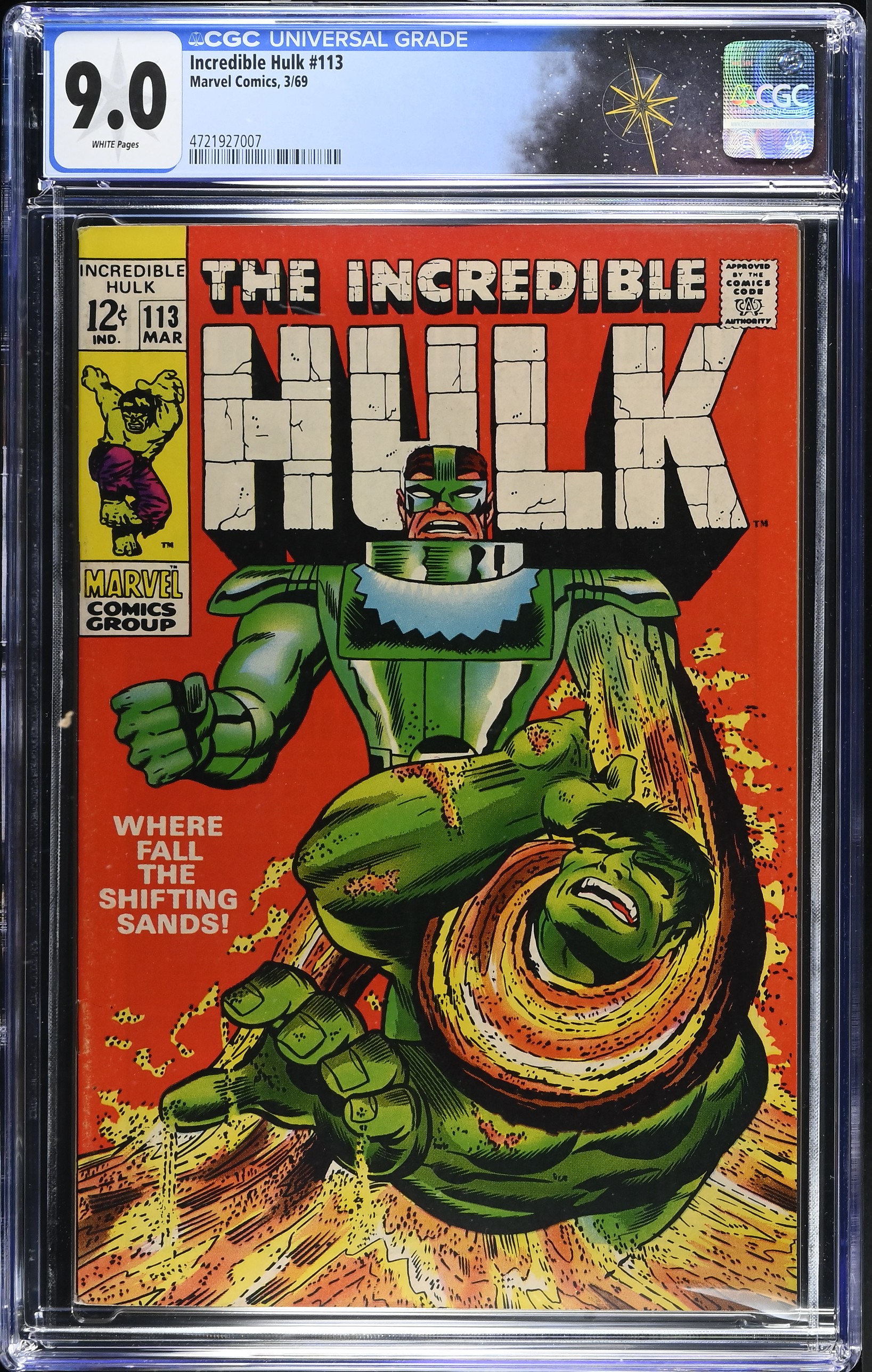 Incredible Hulk #113 CGC 9.0 "Where Fall the Shifting Sands?" Stan Lee Script (Marvel Comics, 1969) White Pages