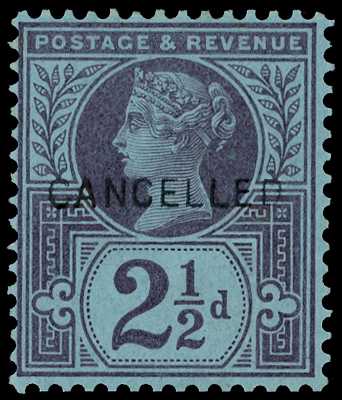 1887 2½d purple on blue paper,...