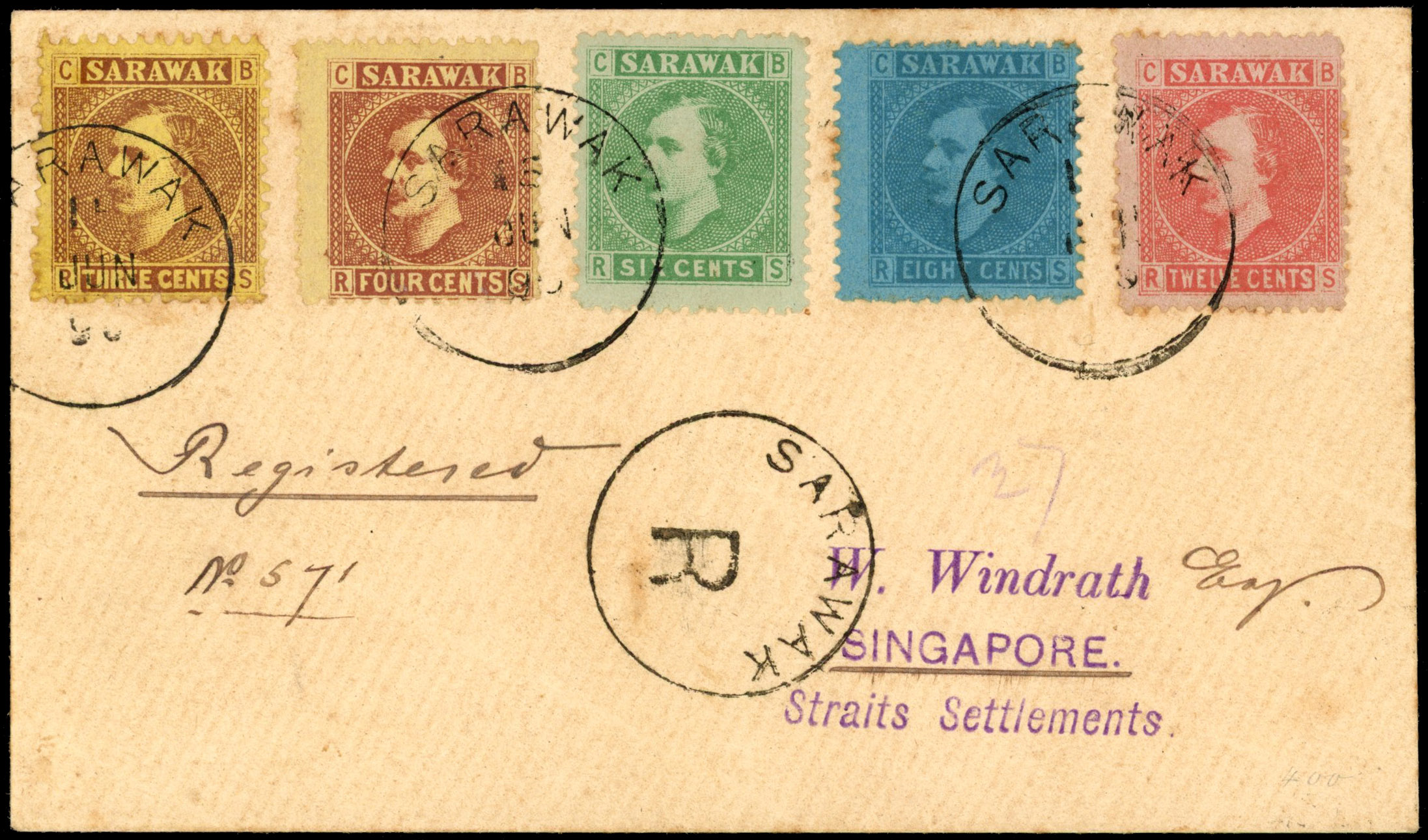 1896 registered “Windrath” cover with SG 3-7