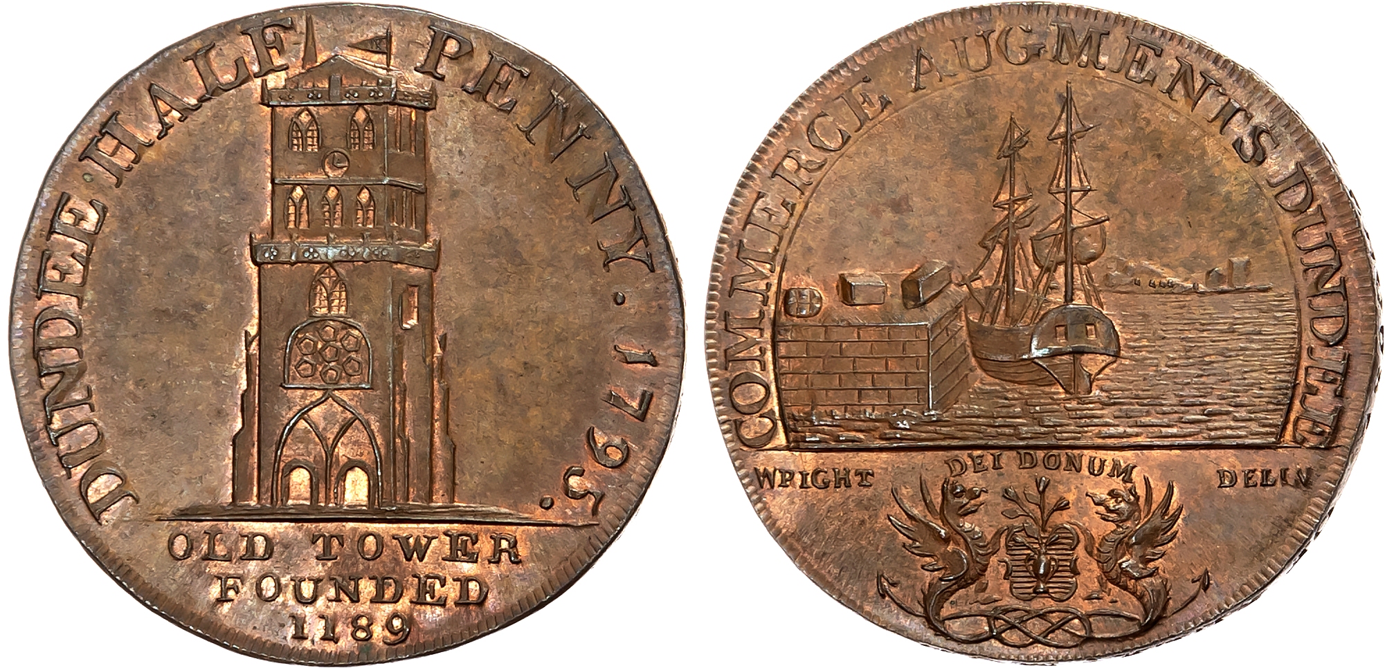 Angus. Dundee, Alexander Molison (glass and china seller), Wright’s Halfpenny 1795, view of St. Mary’s Tower, rev . view …