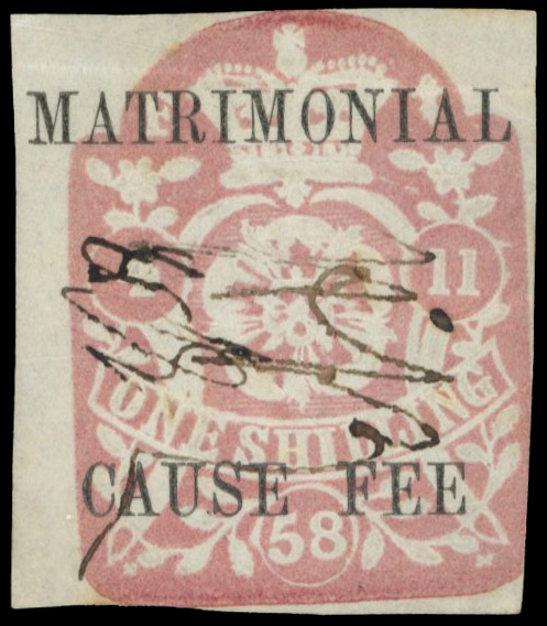 GB. Matrimonial Cause. 1858 embossed 1s underprinted MATRIMONIAL/ CAUSE FEE used