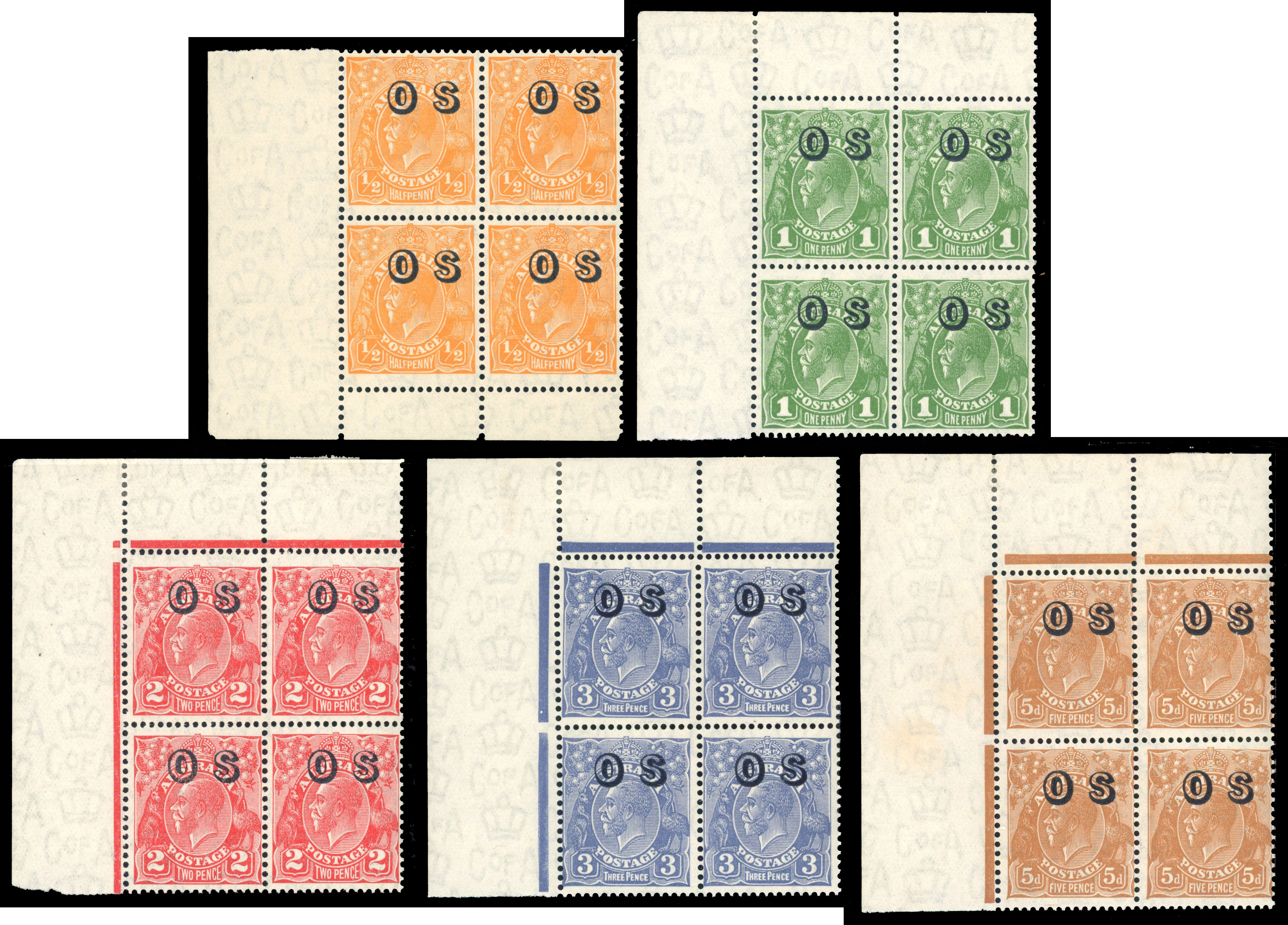 Australia SG O128-32 1932-33 ½d, 1d, 2d, 3d, 5d blocks of 4 unmounted mint