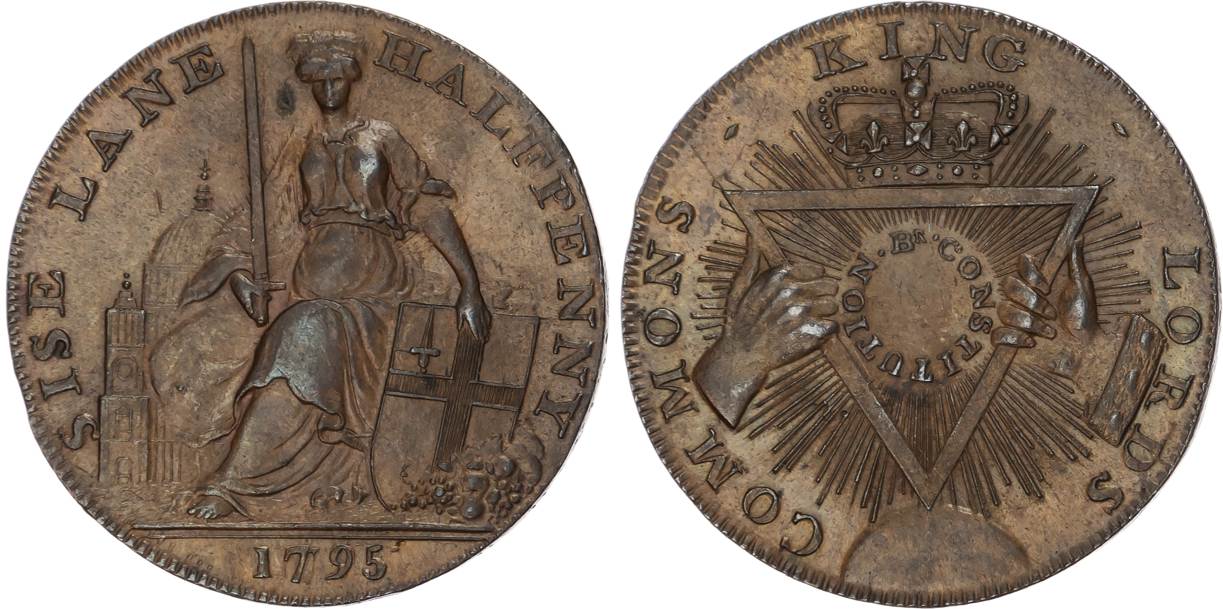 London, Bucklersbury , Thomas & Robert Davidson Halfpenny 1795, Londinia seated with St. Paul’s in the backgro…