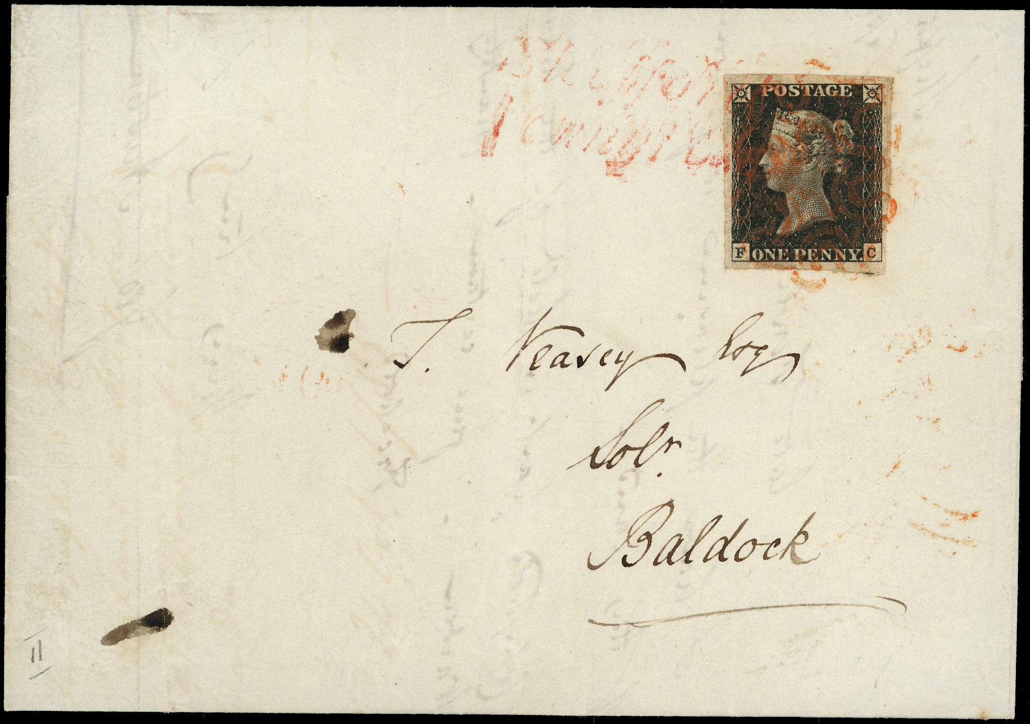 1840 1d Black Pl.2. (FC) Shefford Penny Post & red MC's on cover