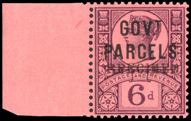 GB Govt Parcels. 1887-90 6d purple on rose-red, optd SPECIMEN, SG O66s